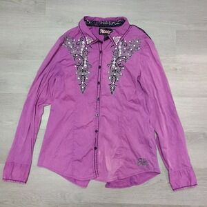 Roar Signature Stretch Western Bling Embellished Button Down Purple Size XL